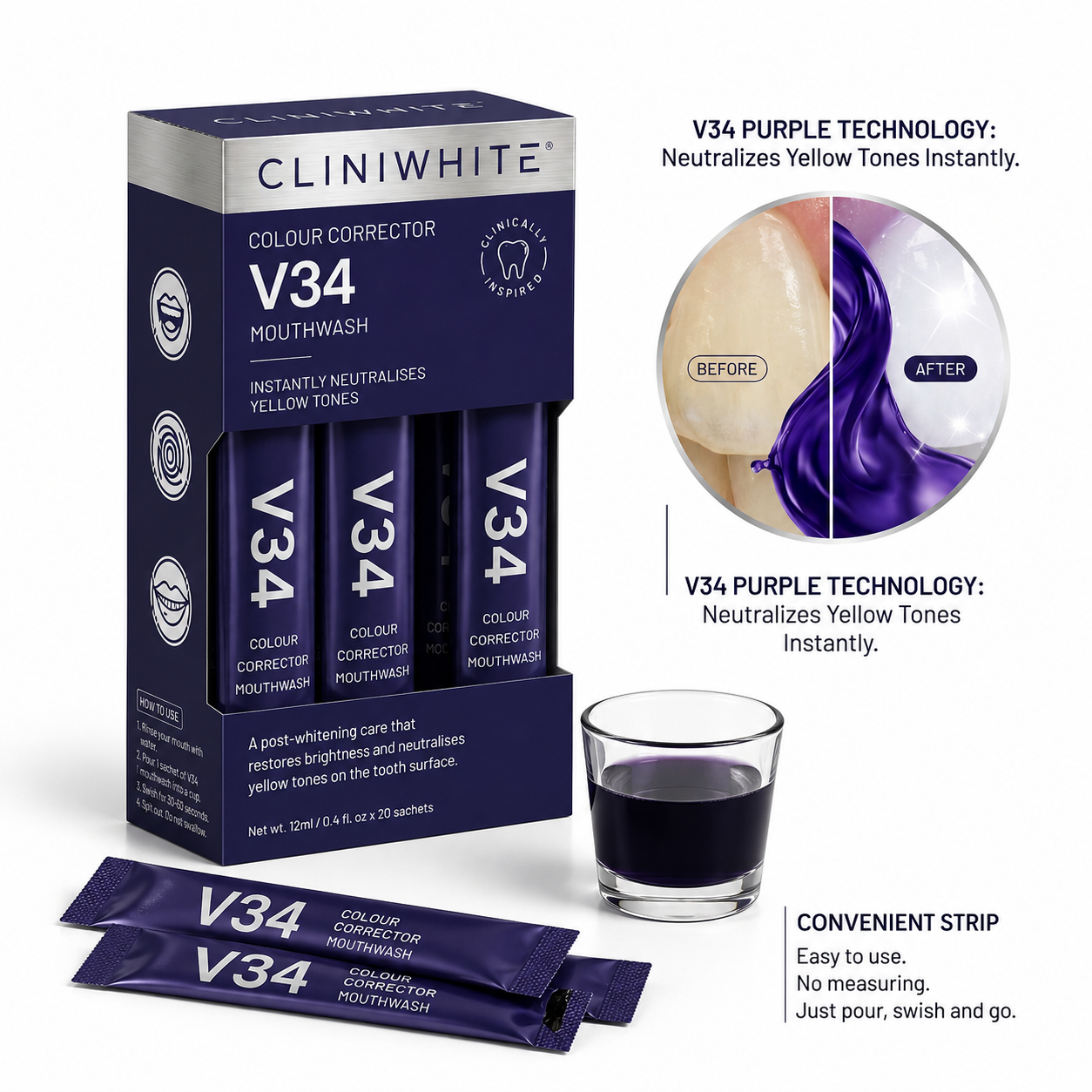 V34 Colour Corrector Mouthwash Sachets (12-Pack)